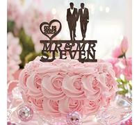 Décoration de gâteau de couple homosexuel - Silhouette de marié et de marié - Fournitures de fête de mariage homosexuel - Nom personnalisé - Cadeau pour homme - Bois