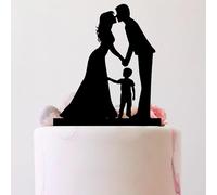 Décoration de gâteau de mariage avec silhouette de couple avec un petit garçon - 15,2 à 19,8 cm - Silhouette pour anniversaire de mariage