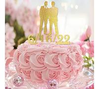 Décoration de gâteau de mariage dorée à paillettes Mr et Mr Silhouette Groom et Groom Elegant Wedding Cake Topper Love Two Mens Wedding Party Supplies Personnaliser Nom Date Gay Mariage Engagement
