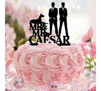 Décoration de gâteau de mariage en acrylique noir avec silhouette de couple homosexuel de chien, chat, couple masculin, décoration de gâteau rustique pour deux hommes, noms de couple, date de
