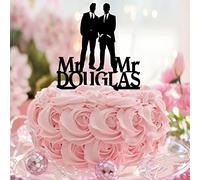 Décoration de gâteau de mariage en acrylique noir avec silhouette de couple homosexuel - Décoration élégante pour gâteau de mariage avec inscription « Love Two Men » - Personnalisable - Nom de famille