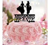 Décoration de gâteau de mariage en acrylique noir avec silhouette de deux mariées romantiques pour 2 femmes, noms de couple, rendez-vous lesbien, cadeaux de fiançailles