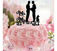 Décoration de gâteau de mariage en acrylique noir Mr & Mr Silhouette avec chien et chat Deux mariés Country Cake Topper Deux garçons d'honneur Mariage Fiançailles Décoration de fête Nom personnalisé