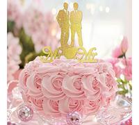 Décoration de gâteau de mariage en forme de couple gay à paillettes dorées - Silhouette de couple masculin - Décoration de gâteau de mariage homosexuel - Cadeaux de mariage homosexuels
