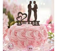 Décoration de gâteau de mariage Mr & Mr en bois Love Two Mens Two Grooms Elegant Wedding Cake Topper Silhouette Mariage Fiançailles Party Decor Personnaliser Nom de Famille Date Est Couple Gay Cadeaux