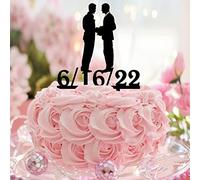 Décoration de gâteau de mariage Mr & Mr - Silhouette rétro - Nom personnalisé - Date de mariage - Couple masculin - LGBT - Décoration de fête de mariage homosexuel - Cadeau de mariage - En acrylique