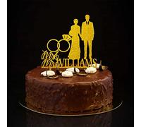 Décoration de gâteau de mariage rustique Mr et Mrs - Silhouette dorée à paillettes - Personnalisable - Nom de famille - Date de l'est - Rétro - Mariée et marié - Décoration de fête de fiançailles