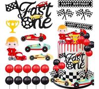 Décoration de gâteau de voiture de course, 1er anniversaire, ballon rouge et noir, décoration de gâteau d'anniversaire pour garçon, voiture de course, drapeau à chevaucher