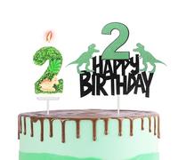 Décoration de gâteau dinosaure avec bougie en forme de chiffre et 2 bougies dinosaures - Happy 2nd Birthday - Décoration de gâteau et cupcake sur le thème des dinosaures