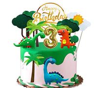 Décoration de gâteau dinosaure de 3 ans pour garçon - Avec bougie d'anniversaire - Décoration de dinosaure pour 3e anniversaire