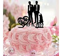 Décoration de gâteau en acrylique noir avec silhouette de Mr & Mr avec chien, chat, couple mâle, couple masculin, décoration de gâteau de mariage homosexuel, nom de famille, rendez-vous amoureux