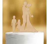 Décoration de gâteau en bois - Motif couple de mariés avec enfants 2 [grand garçon, petite fille] - Décoration de mariage - Décoration de gâteau de mariage - Décoration de gâteau de fiançailles