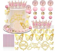 Décoration de gâteau en forme de couronne, or rose, boules « Happy Birthday », bougies d'anniversaire, papillons dorés, corona para pastel, décorations de gâteau pour anniversaire de mariage (or rose