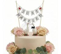 Décoration de gâteau faite à la main avec bannière « Just Married » - Décoration de gâteau de mariage rustique pour mariée, marié, fiançailles ou anniversaire de mariage