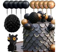 Décoration de gâteau fantaisie en forme de dragon - Œufs de dragon - Boules noires dorées - Décoration de gâteau pour fête prénatale, anniversaire, fête de mariage