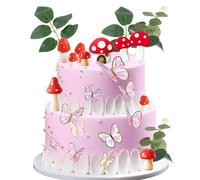 Décoration de Gâteau Fille, Décoration Gâteau Champignons, Papillon Cake Topper, Mini Champignons Decoration, Décoration Gâteau Feuille pour Anniversaire, Mariage, DIY Decoration Gateau