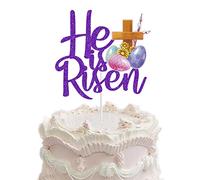 Décoration de gâteau He is Risen - Violet - Paillettes - Jésus - Pour Pâques - Vacances chrétiennes - Croix - Décoration de gâteau