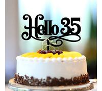 Décoration de gâteau Hello 35 ans en acrylique noir avec inscription « Happy Birthday » - Nom personnalisé - n'importe quel numéro d'âge - Cadeau d'anniversaire pour la famille et les amis