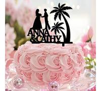 Décoration de gâteau lesbienne « Mrs & Mrs Tropical » - Palmier hawaïen - Plage - Voyage - Happy Birthday - Silhouette féminine avec script - Décoration de gâteau de mariage - Cadeau unique pour