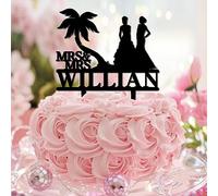 Décoration de gâteau lesbienne « Mrs & Mrs Tropical » - Palmier hawaïen, plage, voyage, voyage, silhouette féminine avec écriture en acrylique noir - Décorations de mariage, fiançailles, cadeaux de