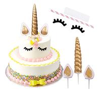 Décoration de Gâteau Licorne, Décoration de Gâteaux d'anniversaire Dorée, Licorne Corne Oreilles et Cils Cake Topper pour Filles Garçons Enfants Anniversaire Mariage Fête De Noël (Petit)