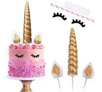 Décoration de Gâteau Licorne, Décoration de Gâteaux d'anniversaire Dorée, Licorne Corne Oreilles et Cils Cake Topper pour Filles Garçons Enfants Anniversaire Mariage Fête De Noël (Gros)