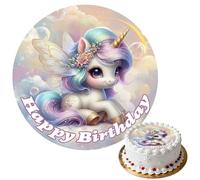 Décoration de gâteau licorne, Disque Comestible pour Décoration de Gâteau d'Anniversaire, Décoration pour anniversaire fille avec "Happy Birthday", pour Enfants Fête d'anniversaire - Ø 20cm