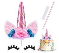 Décoration de Gâteau Licorne, Doré Decoration Gateau Licorne Décoration Gâteau Anniversaire Cake Topper avec Cils et Paille pour Decoration de Fête pour Enfants Fête D'anniversaire Mariage (Rose)