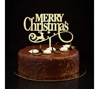 Décoration de gâteau « Merry Christmas » - Flocon de neige - Sapin de Noël - Pour anniversaire - Décoration de gâteau amusante - Chapeau de Père Noël - Cerf de Noël - Miroir - Miroir - Doré