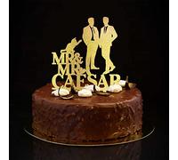 Décoration de gâteau Mr & Mr à paillettes dorées avec chien, chat, plage, couple masculin, silhouette, homosexuel homosexuel gay - Décoration de gâteau avec nom personnalisé - Cadeau pour couple gay