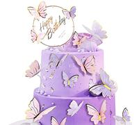 Décoration de Gâteau Papillons, Décoration d'anniversaire Décoration de Tarte à Gâteau Papillon, 3D Happy Birthday Cupcake Cake Topper pour Filles Anniversaire Mariage Noël Baby Shower (Rose Violet)