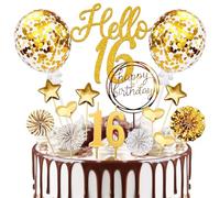 Décoration de gâteau pour 16 ans garçon et fille - Décoration de gâteau d'anniversaire - 16 ans - Doré - Hello 16 - Avec bougies d'anniversaire - Pour 16e anniversaire garçon fille