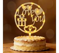 Décoration de gâteau pour la Saint-Valentin, Seutgjie - En bois - Avec guirlande lumineuse LED - Décoration de gâteau - Demande en mariage, fiançailles, mariage, anniversaire de mariage