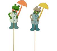 Décoration de grenouille en bois avec parapluie en tant que fiche florale pour une décoration de jardin printanière