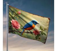 Décoration de grotte pour homme, perchoirs bleus et oranges sur une branche ornée de roses roses. Drapeau décoratif de porche, bar, décoration pour la maison (30 x 45 cm)