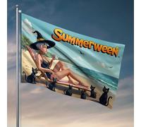 Décoration de grotte pour homme Summerween: Sorcière relaxante avec des chats noirs sur la plage Drapeau Règles de grotte pour homme Décoration de chambre rétro (60 x 90 cm)