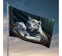 Décoration de grotte pour homme Tigre blanc mère et petit dans un nid. Drapeau décoratif pour porche Décoration de bar pour la maison (60 x 90 cm)