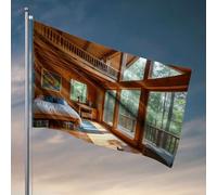 Décoration de grotte pour hommes, cabane confortable avec intérieurs en bois, grandes fenêtres surplombant les arbres. Drapeau de jardin d'automne, drapeaux mignons pour chambre d'adolescentes (30 x