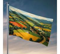 Décoration de grotte pour hommes, une campagne pittoresque avec des collines ondulées, des champs colorés et des maisons dispersées. Drapeau décoration de chambre de filles Décorations d'automne