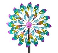 Décoration de jardin en métal avec moulin à vent dans des couleurs rétro - Jeux de vent pour jardin, pelouse et terrasse, sculpture éolienne avec piquet en métal (plumes colorées)