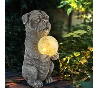 Lampe solaire chien Décoration de jardin figure animale grise Lampe solaire boule verre brisé chien, LED blanc chaud, LxlxH 17,5x13x29 cm