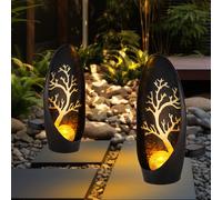 Lampes solaires de décoration de jardin pour l'extérieur, décoration de balcon extérieur, noir, argent, arbre, boule de verre, batterie métal IP44, 1x LED, LxlxH 14x7x30cm, lot de 2
