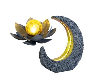 Décoration de jardin, lampes solaires pour l'extérieur, fleur de lotus, décoration de table, table de jardin, lampe solaire de jardin, croissant de lune avec optique pierre, or gris, LED, lot de 2