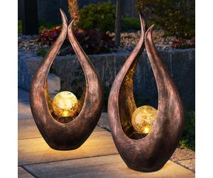 Décoration de jardin LED lampe solaire sculpture bronze lumière décorative lampe d'extérieur, boule de verre cassée 26,5 x 50 x 13 cm, lot de 2