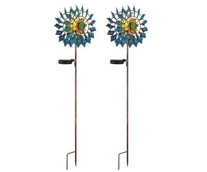Décoration de jardin Roue à vent LED Lampe solaire Lampe de terrasse Lampe extérieure Piquet de terre, or bleu antique, verre brisé, LxH 22,5 x 92 cm, set de 2