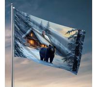Décoration de maison amusante - Cabane enneigée et ours dans la forêt - Drapeau de lac - Décoration de maison - Drapeaux cool pour chambre de gars (152 x 244 cm)