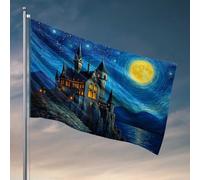 Décoration de maison amusante Château au bord du lac sous une nuit étoilée Drapeau de lac Décoration de maison drapeaux cool pour chambre gars (120 x 180 cm)