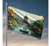 Décoration de maison amusante - Pagode chinoise traditionnelle au bord du lac serein avec drapeau d'arbres d'automne - Décoration vintage - Décoration de porche d'automne (152 x 244 cm)