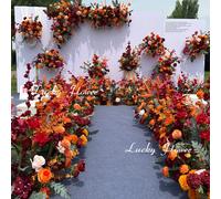 Décoration de mariage en plein air Orange rouge, fleurs artificielles suspendues, rangée de fleurs de route, boule de fleur de plomb, accessoires de décoration d'arrière-plan Floral Floor Row
