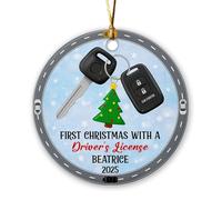 Décoration de Noël 2025 avec permis de conduire - Décoration personnalisée pour réussite de conduite - Clé de voiture - Décoration d'arbre de Noël pour homme et femme - Décoration en céramique avec